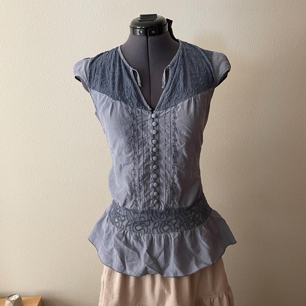 Y2K vtg 2000s silk blend blue forever 21 embroidered blouse cottage boho fairy